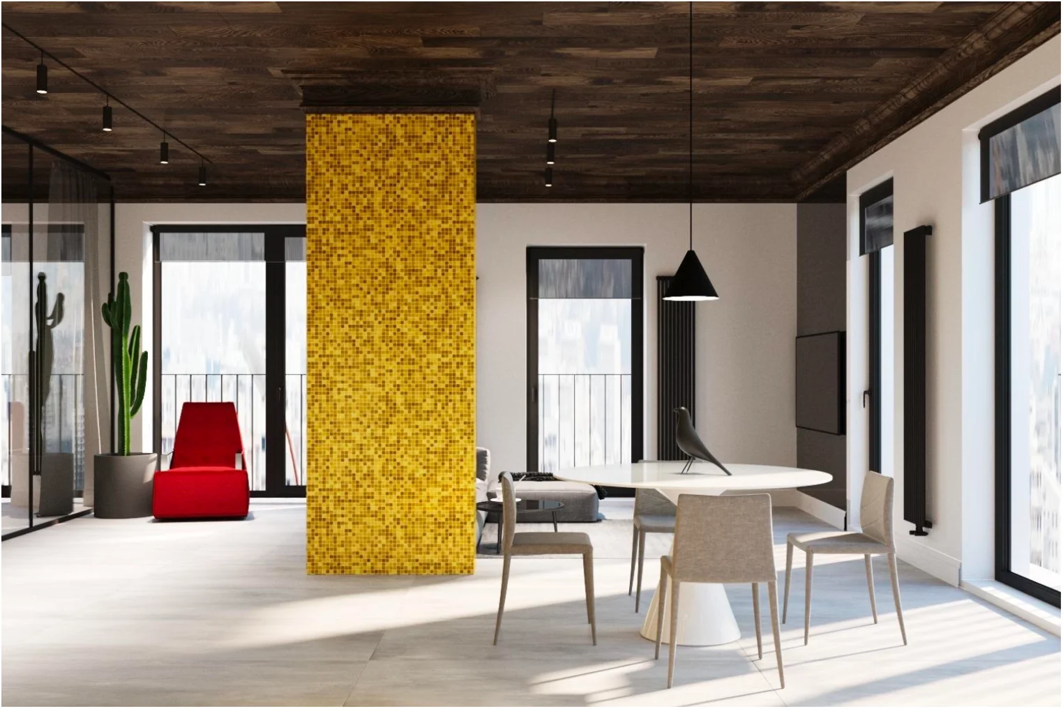 Дизайн-проект гостиной в ЖК Маяковский — золотые колонны, паркет на потолке