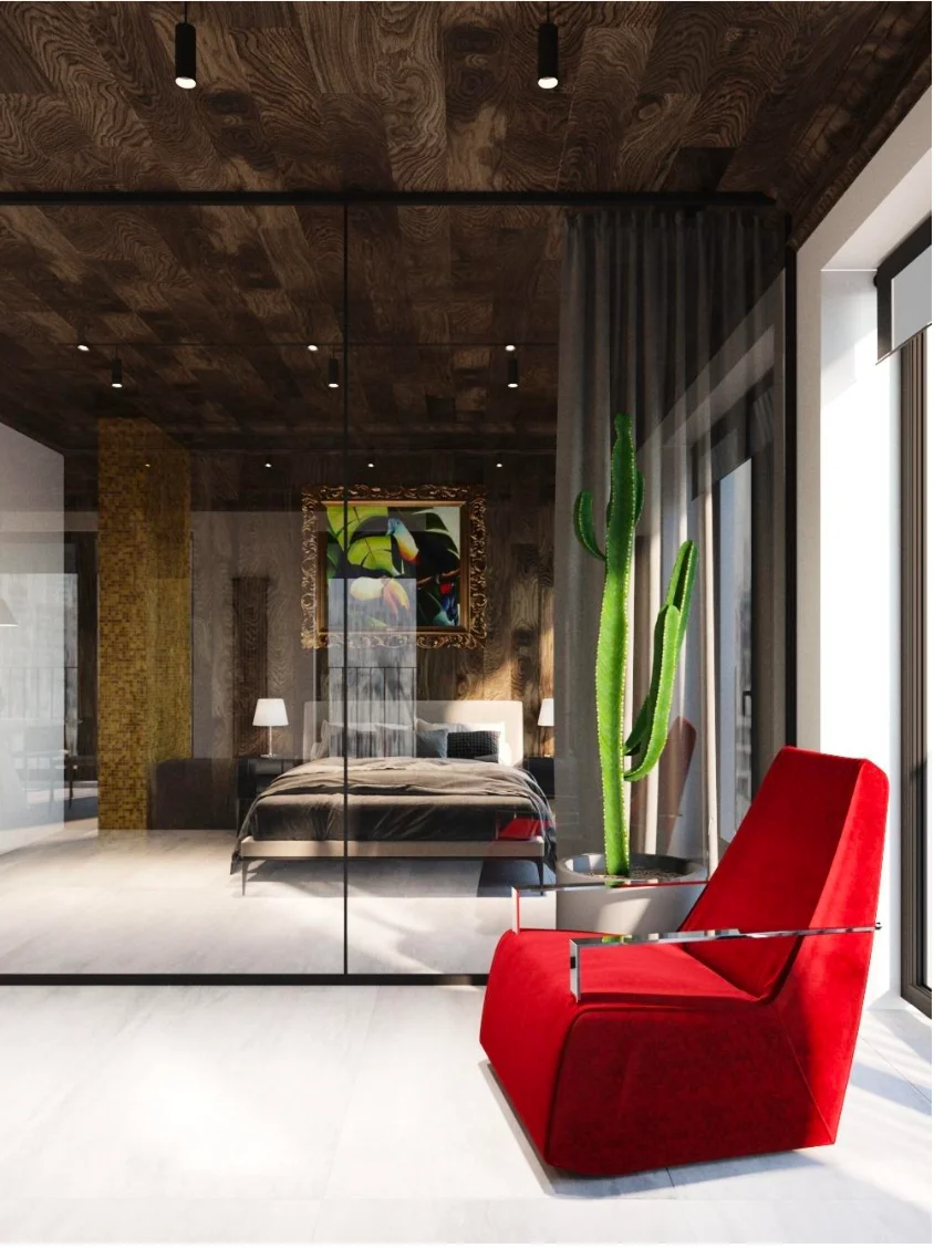 Дизайн — спальня через стекло