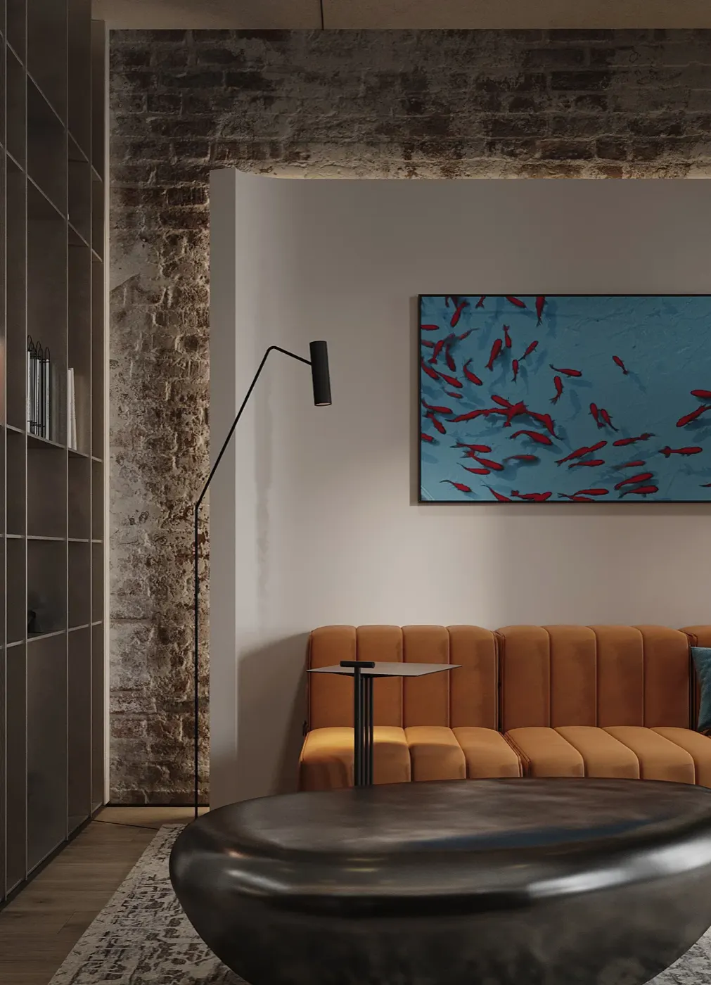 Вид через кирпичную арку на гостиную