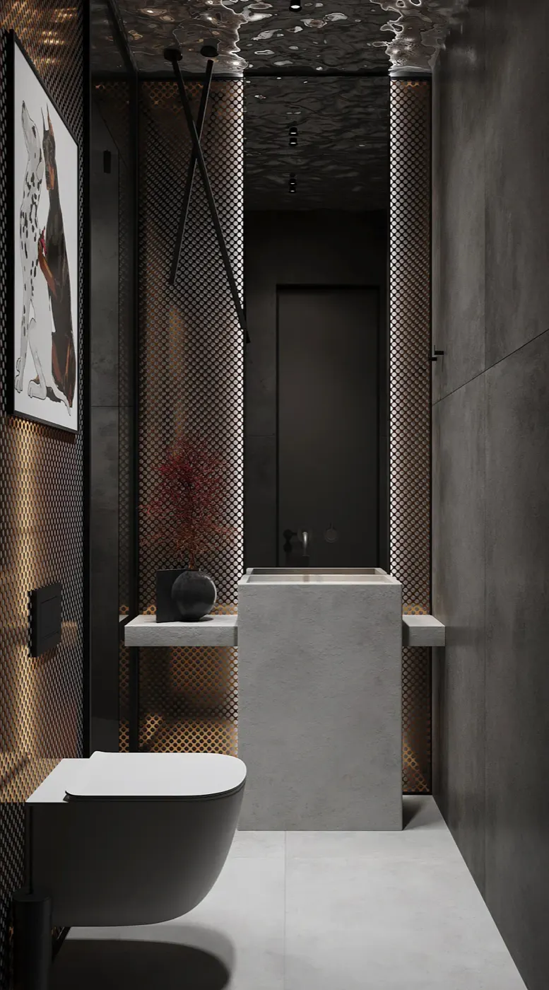 Ванная — перфорированные панели, бетонная раковина, поп-арт