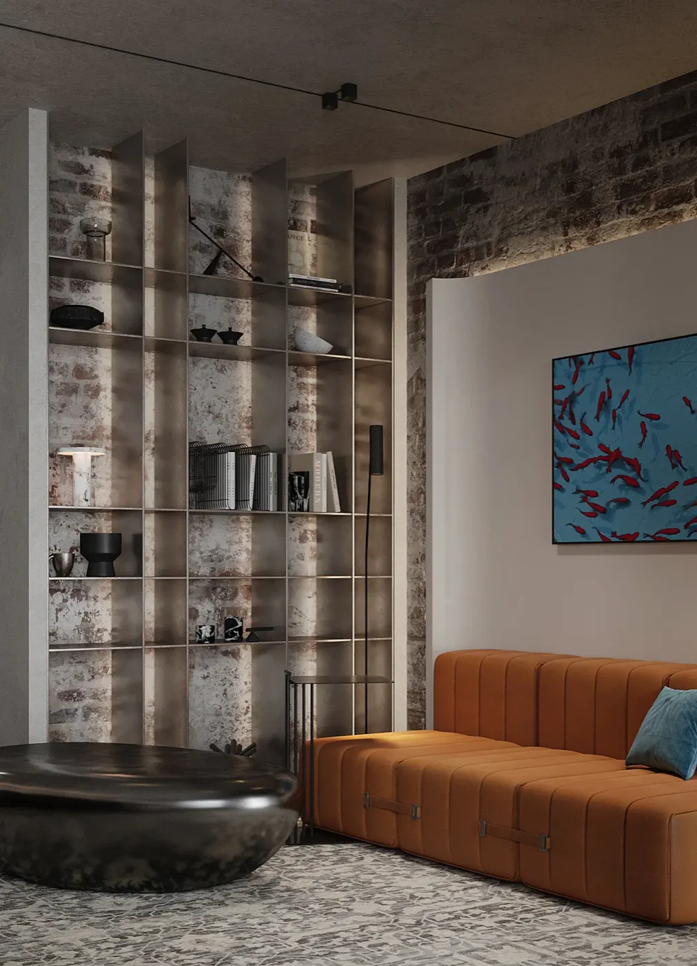 Стеллаж на кирпичной стене, оранжевый диван