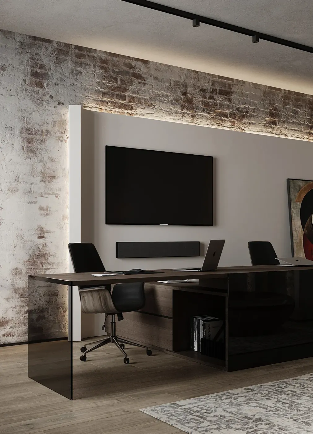 Рабочий стол и ТВ на кирпичной стене