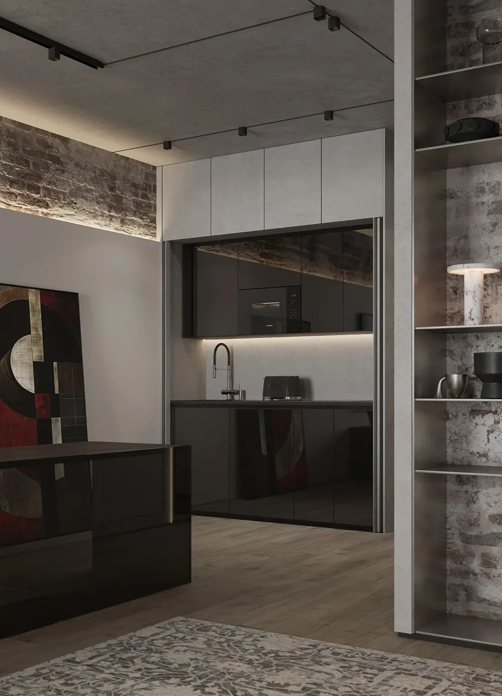 Встроенная кухня — тёмные фасады, техника Bosch