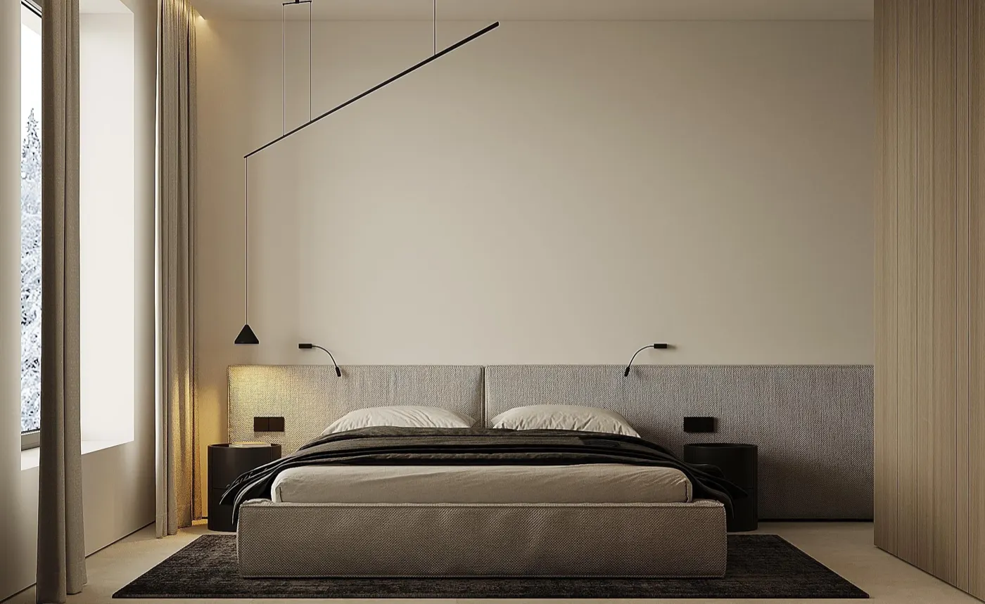 Главная спальня — кровать, мягкое изголовье, подвесной светильник