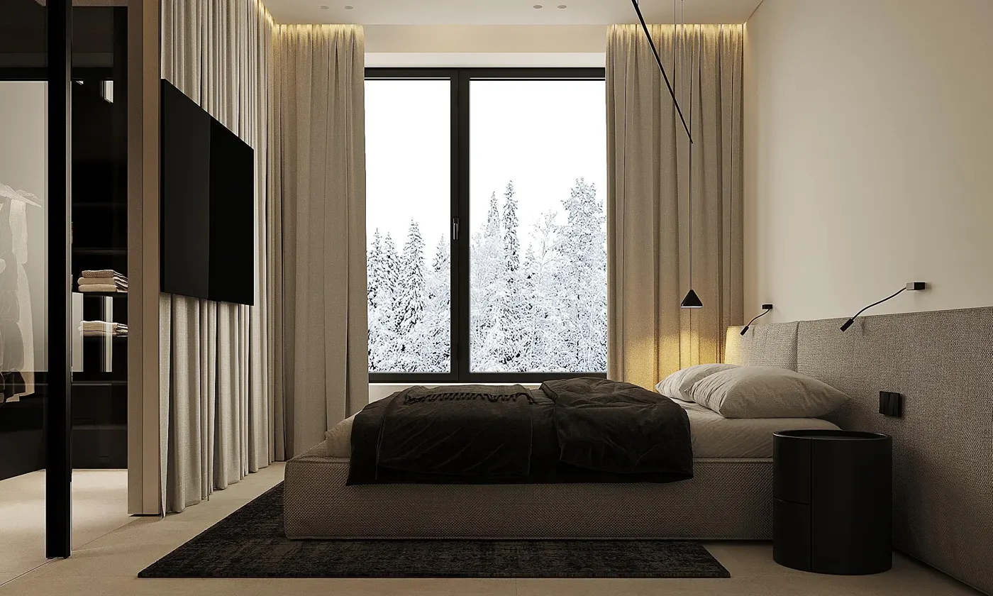 Спальня — ТВ-стена и вход в гардеробную