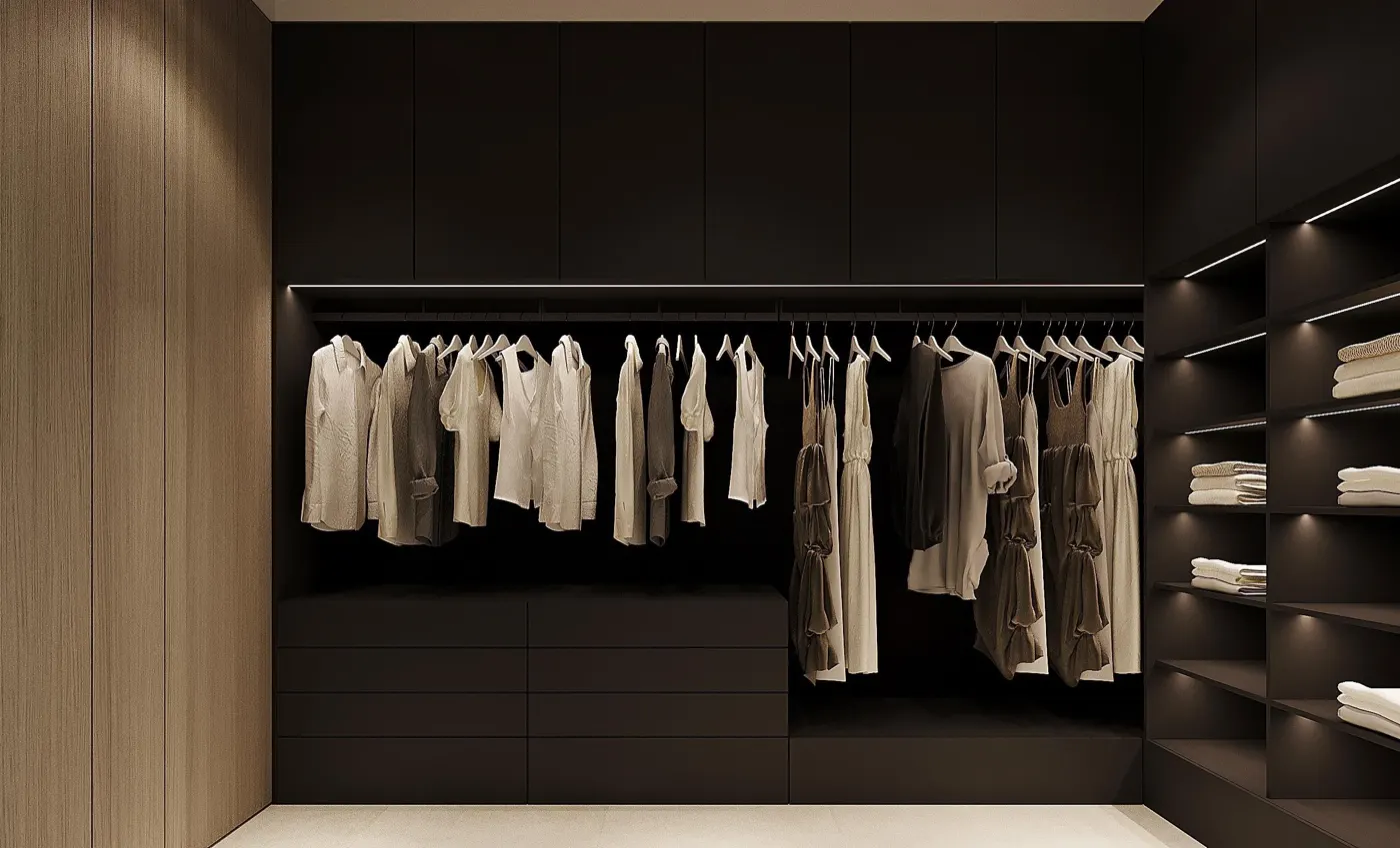 Гардеробная — тёмные шкафы с подсветкой полок