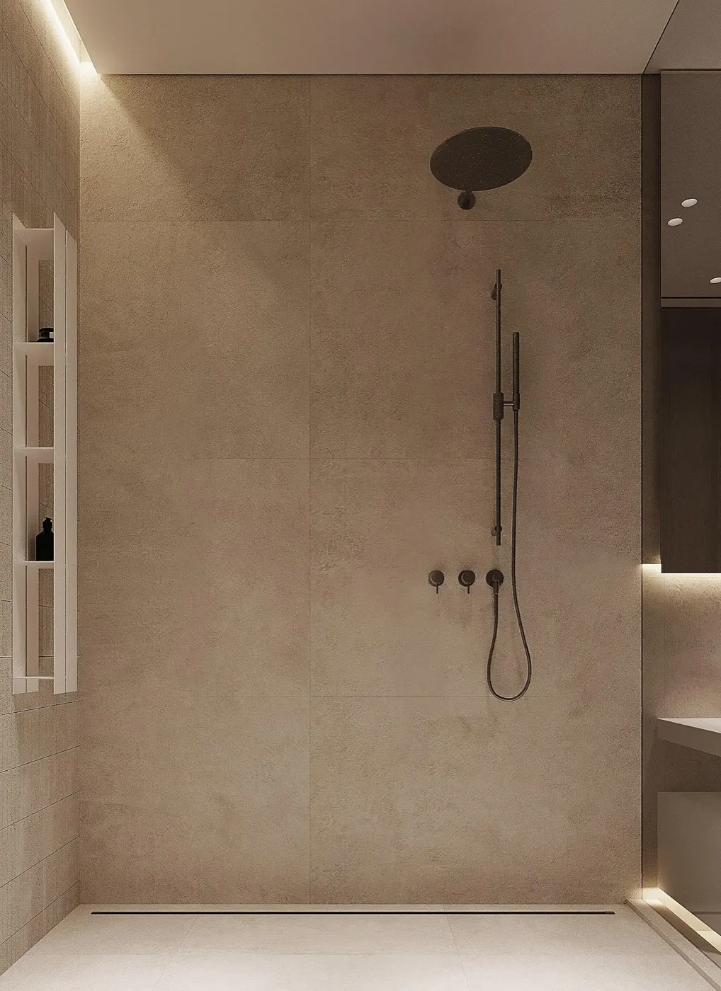 Душевая — ниша для шампуней, бронзовая фурнитура