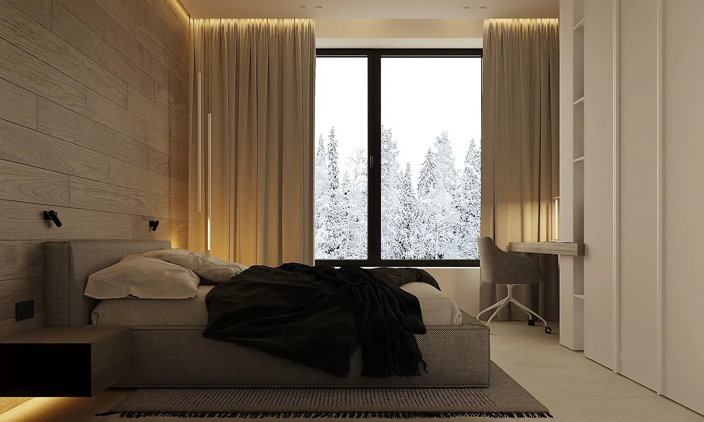 Спальня — вид на заснеженный лес через панорамное окно